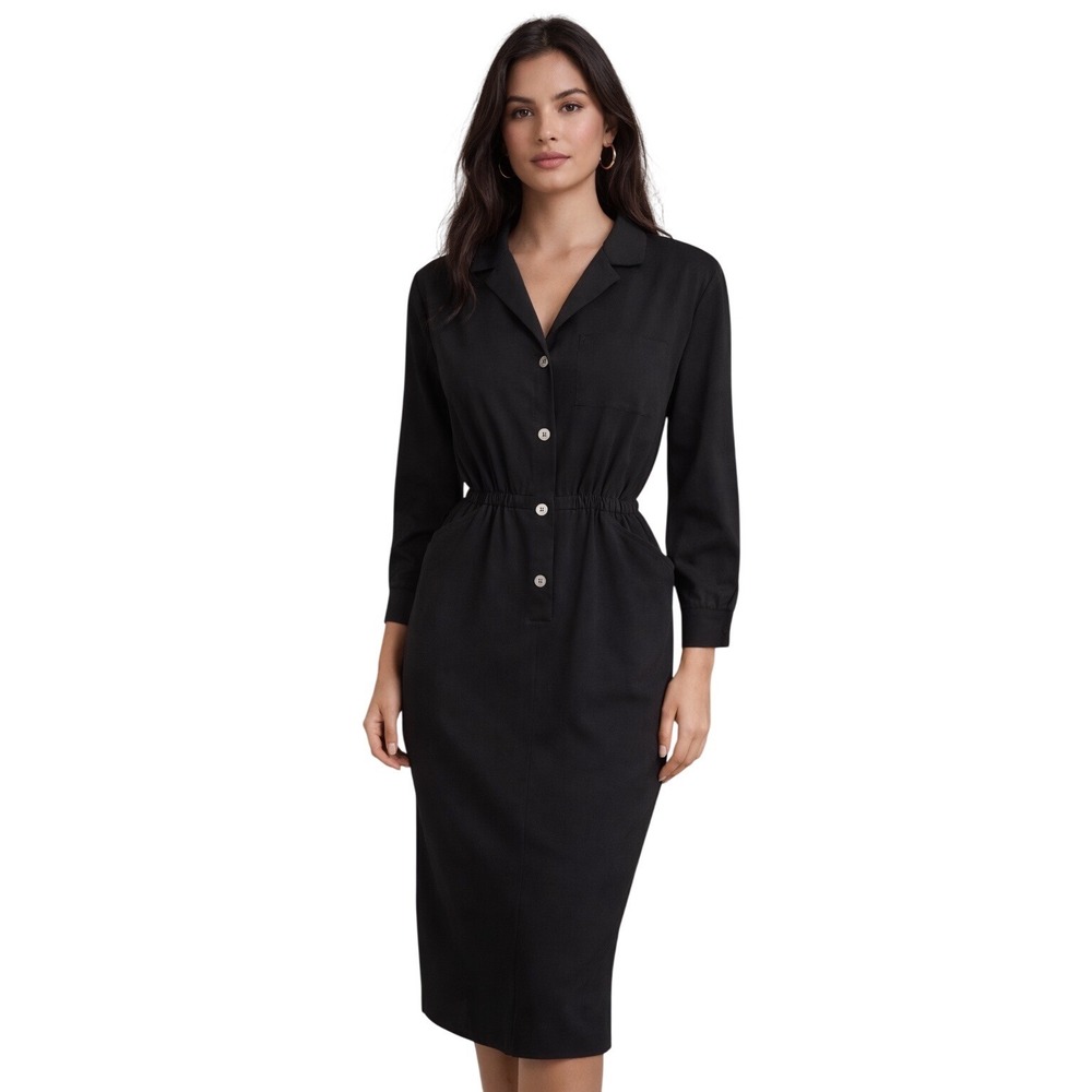 BIS Gene Ewing Black Button Front Midi Dress | Y2K Minimalist‎ | Size M